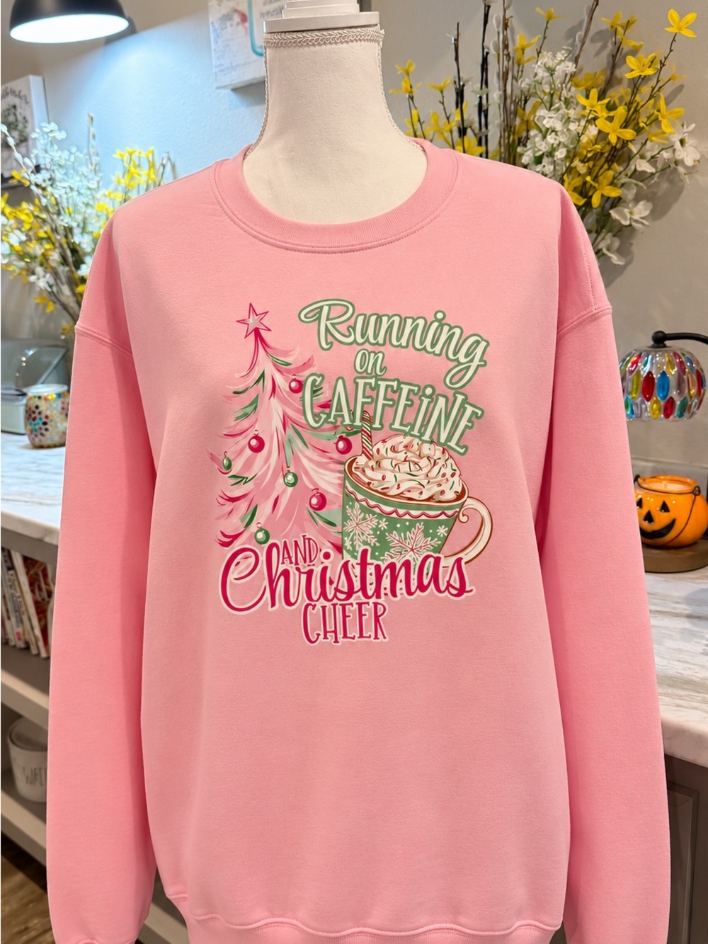Gildan Pink 'Running on Caffeine and Christmas Cheer' Holiday Crewneck